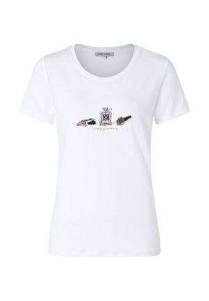 White T-shirt with a rounded neckline featuring a graphic print of makeup items: a lipstick, perfume bottle, and brush, with "simply glamorous" text.