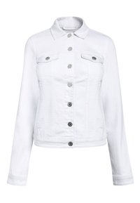 Chaqueta de mezclilla blanca con cierre de botones, dos bolsillos en el pecho, cuello en punta y mangas largas. Presenta botones en tono plateado y un largo recortado.
