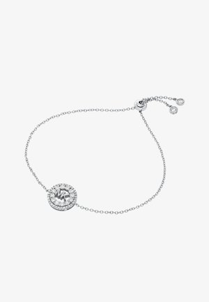 Bracciale in argento con un centro circolare decorato con un bordo di cristalli e una pietra sfaccettata. Catena regolabile con due estremità decorative.
