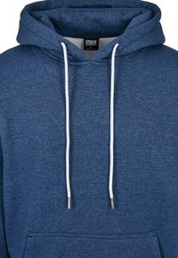 Felpa blu melange con cappuccio regolabile, cordino bianco e tasca a marsupio anteriore. Realizzata in tessuto morbido, adatta per l'abbigliamento casual.