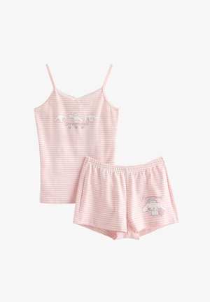 Ensemble caraco et short rayés rose et blanc, avec des imprimés du personnage Cinnamoroll et des fines bretelles sur le haut.