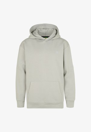 Jasnoszara bluza z kapturem z długimi rękawami i kieszenią kangurka z przodu, prosty design z małym logo na lewej piersi.