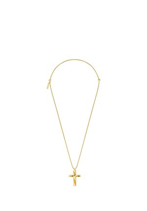 Gold chain necklace with a polished gold cross pendant hanging at the center on a white background.