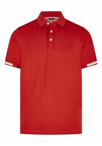 Rode polo met korte mouwen gemaakt van katoen, met een klassieke kraag, een drie-knopen knoopsluiting en witte accentstrepen op de mouwen.
