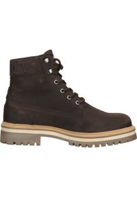 Braune Leder-Ankle-Boots mit strukturiertem Oberfläche, metallenen Ösen und braunen Schnürsenkeln. Dicke Gummisohle mit kontrastierendem cremefarbenen Rand. Mit Logoakzenten.