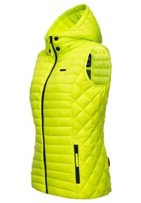 Neonově žlutá zateplená vesta s kapucí, diamantovým prošitím, černými zipy a bočními kapsami. Lehký a bezrukávový design.