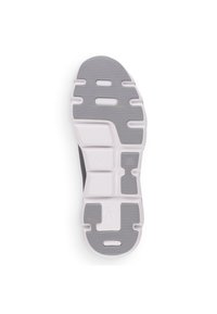 Shoe sole featuring a gray textured rubber surface with white accents. Multiple grooves and cutouts for flexibility and traction.