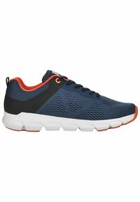 Men's sneakers with a breathable navy mesh upper, black accents, and a white sole with orange detailing at the toe and collar.