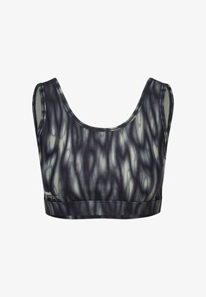 Czarny i szary sportowy stanik w wzory, wykonany z elastycznego materiału, z zaokrąglonym dekoltem i szerokimi ramiączkami zapewniającymi komfort i wsparcie.