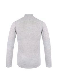 Světle šedý top s dlouhým rukávem vyrobený z měkké látky. Disponuje stojáčkovým límcem, raglánovými rukávy a plochými švy pro zvýšení pohodlí.