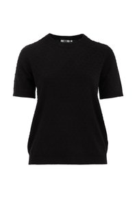 Svart kortärmad tröja med texturerat mönster, rund halsringning och ribbade ärmslut och nederkant. Tillverkad av ett mjukt stickat tyg.