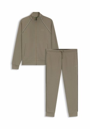 Taupe zip-up jacket and matching drawstring joggers with side pockets and subtle piping accents, both featuring small "BOSS" logos.