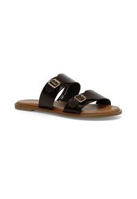 Brown leather slide sandals with two wide straps, featuring gold hardware buckles and a tan rubber sole. Flat design suitable for casual wear.