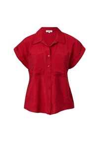 Rotes Kurzarmhemd mit Knopfleiste, zwei Brusttaschen und einer knitterfreien Textur. Hat einen Kragen und eine lässige Passform.
