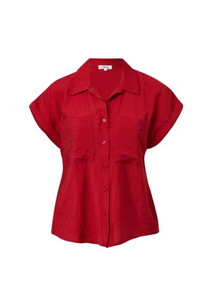 Chemise rouge à manches courtes avec fermeture à boutons, deux poches sur la poitrine et une texture nette. Dotée d'un col et d'une coupe décontractée.