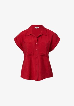 Chemise rouge à manches courtes avec fermeture à boutons, deux poches sur la poitrine et une texture nette. Dotée d'un col et d'une coupe décontractée.