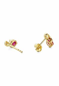 Orecchini a pendente in tono oro con un design floreale, dotati di un grande gemma rosa incastonata al centro, superficie liscia e finitura metallica lucida.