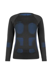 Black long-sleeve athletic shirt with blue horizontal stripes. Features ergonomic design with padded areas and a round neckline.