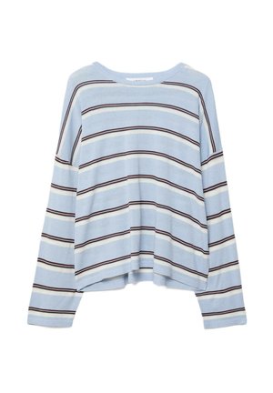 Light blue long-sleeve sweater with alternating dark brown and white horizontal stripes, crew neck, and slightly cropped hem.