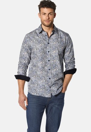 Langärmliges Button-Down-Hemd im blauen Blumenmuster mit kontrastierenden dunklen Manschetten, aus leichtem Stoff, mit klassischem Kragen und taillierter Passform.