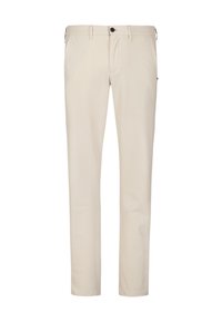 Beige broek met een rechte snit, ritssluiting en enkele knoopsluiting. Voorzien van lussen voor een riem en een subtiele textuur. Geen zichtbare patronen.