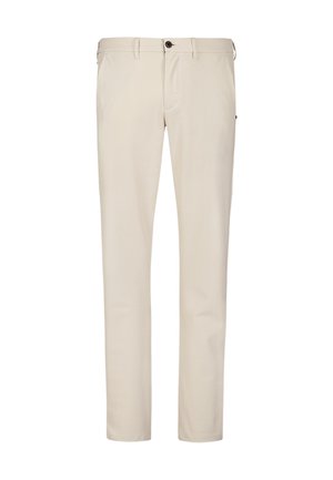 Pantalon beige à coupe droite, avec fermeture éclair et un bouton unique. Présente des passants de ceinture et une texture subtile. Pas de motifs visibles.