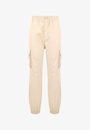 Beige cargo kalhoty s elastickým pasem, bočními kapsami a elastickými manžetami. Hladký bavlněný materiál s uvolněným střihem a praktickým designem.