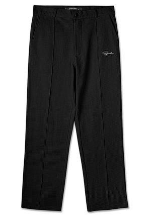 Zwarte geweven broek met een getextureerd patroon, voorzien van een knoopsluiting, twee zijzakken en een klein geborduurd logo vlak bij de tailleband.