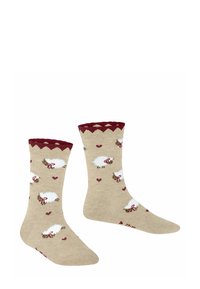 Beżowe skarpetki z bordowymi falbaniastymi końcówkami, ozdobione wzorem owiec i małymi czerwonymi sercami. Miękki materiał o średniej grubości.