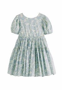 Helles blaues Blumenkleid mit Puffärmeln, rundem Ausschnitt und gerafftem Taillenbereich. Hergestellt aus einem Stoff mit weicher Textur und einem design mit gestuften Röcken.