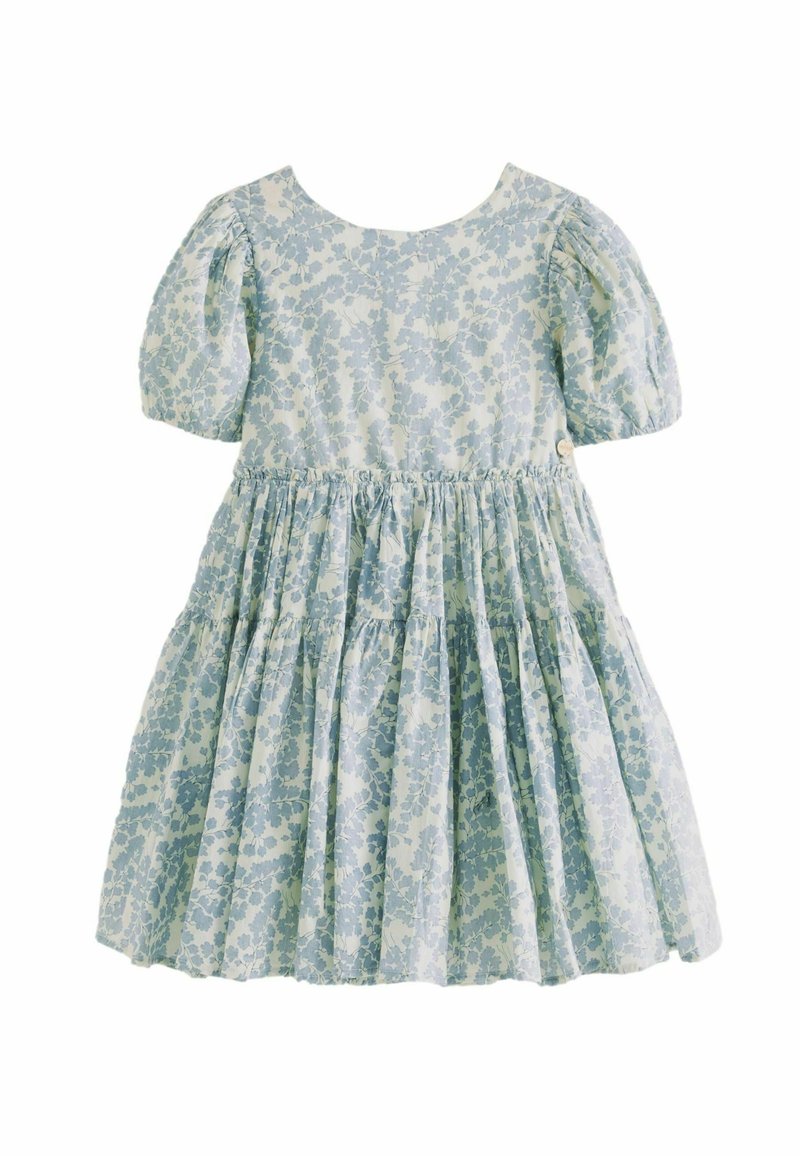 Helles blaues Blumenkleid mit Puffärmeln, rundem Ausschnitt und gerafftem Taillenbereich. Hergestellt aus einem Stoff mit weicher Textur und einem design mit gestuften Röcken.