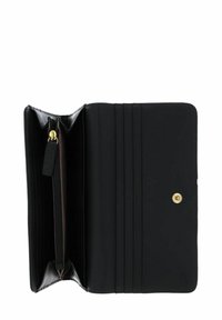 Portefeuille en cuir noir, compartiment zippé, multiples emplacements pour cartes, fermeture à pression dorée, texture lisse, design minimaliste.