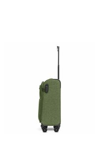 Valigia a ruote in tessuto verde scuro, dotata di manico telescopico, tasca laterale con zip e due ruote nere per la mobilità.