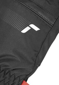 Schwarzer Handschuh aus strukturiertem Stoff, mit glatten Lederakzenten und einem auffälligen weißen Logo. Elastisches Band am Handgelenk für einen sicheren Sitz.