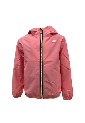 Giacca leggera con cappuccio rosa, con cerniera multicolore e polsini elasticizzati, caratterizzata da un piccolo logo bianco sul petto.