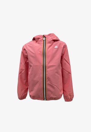 Veste légère à capuche rose avec fermeture éclair multicolore et poignets élastiques, ornée d'un petit logo blanc sur la poitrine.