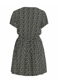 Robe noire à manches courtes avec motif de feuilles blanches, taille élastique et ourlet à hauteur du genou.