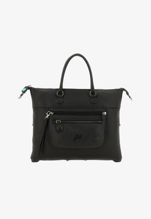 Borsa tote in pelle nera con doppie maniglie, tasca frontale con zip, superficie testurizzata e un accento decorativo turchese sulla cerniera.