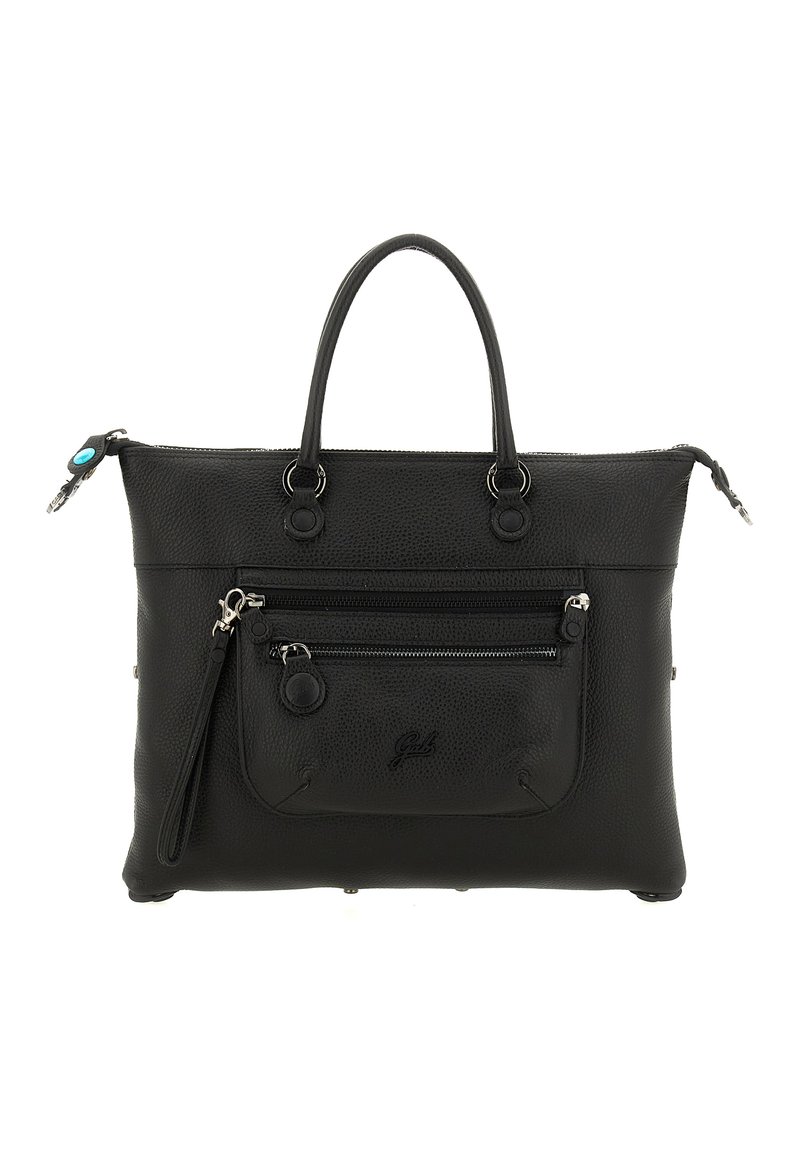 Borsa tote in pelle nera con doppie maniglie, tasca frontale con zip, superficie testurizzata e un accento decorativo turchese sulla cerniera.