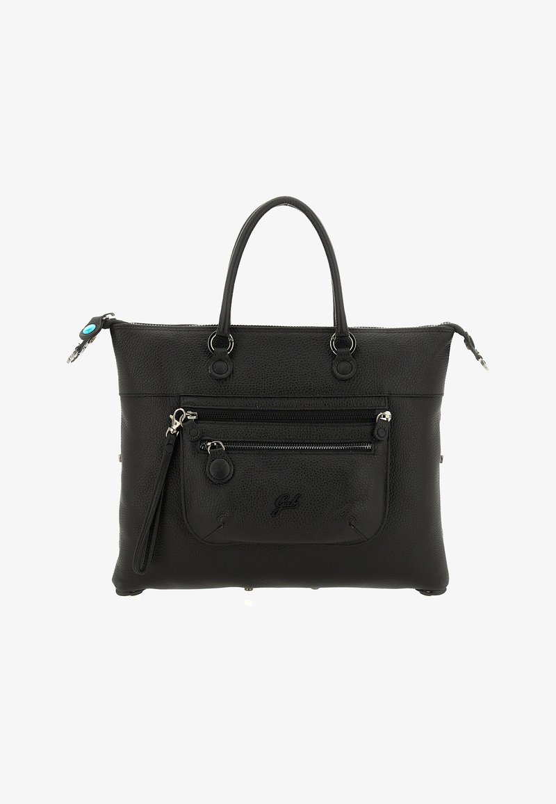 Borsa tote in pelle nera con doppie maniglie, tasca frontale con zip, superficie testurizzata e un accento decorativo turchese sulla cerniera.