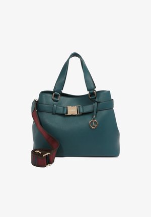 Torba na ramię z miękkiej, zielononiebieskiej skóry z złotymi okuciami, posiada pasek z klamrą oraz odpinany pasek na ramię w kolorze burgundu i brązu, z okrągłą metką z logo.