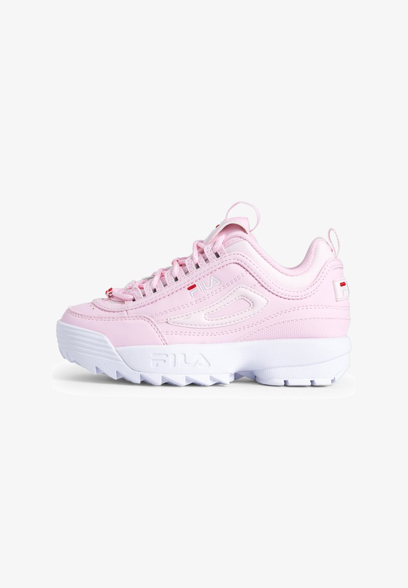 Scarpa atletica sintetica rosa con una spessa suola bianca, lacci prominenti, motivo testurizzato sulla parte superiore e un piccolo dettaglio del logo.