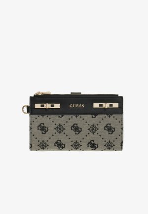 Portefeuille Rectangular Guess en beige et noir avec imprimé logo à motif, accents dorés et compartiment supérieur zippé.