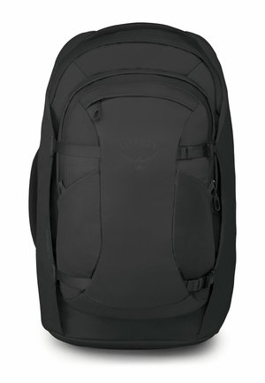 Mochila negra Osprey con múltiples compartimentos con cremallera y correas laterales ajustables, diseñada para senderismo o viajes.