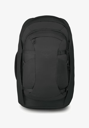 Zaino Osprey nero con molteplici scomparti con cerniera e cinghie laterali regolabili, progettato per escursioni o viaggi.