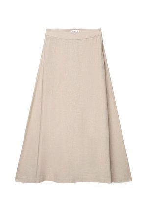 Jupe midi beige taille haute en tissu lisse, avec une petite étiquette au centre de la ceinture.