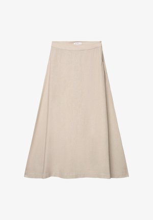Jupe midi beige taille haute en tissu lisse, avec une petite étiquette au centre de la ceinture.