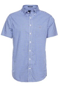 Korte mouw, overhemd met knopen in een blauw-wit ginghampatroon, met een kraag en een zak op de linkerborst. Van katoen.