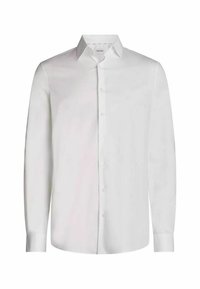 Camicia bianca a maniche lunghe con bottoni, realizzata in tessuto morbido, presenta un colletto classico e chiusura frontale con bottoni, con una vestibilità regolare e senza fantasie.