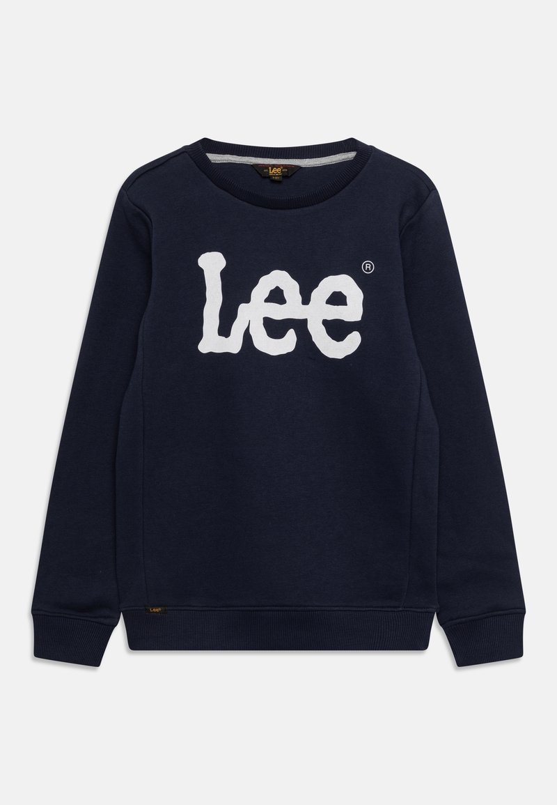 Sweat-shirt bleu marine à manches longues avec logo blanc "Lee" sur le devant, poignets et ourlet côtelés, et col rond.